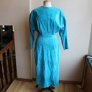 Vintage 80's Turquoise Suede Leather Fitted Dress From Nordstrom L 28" waist